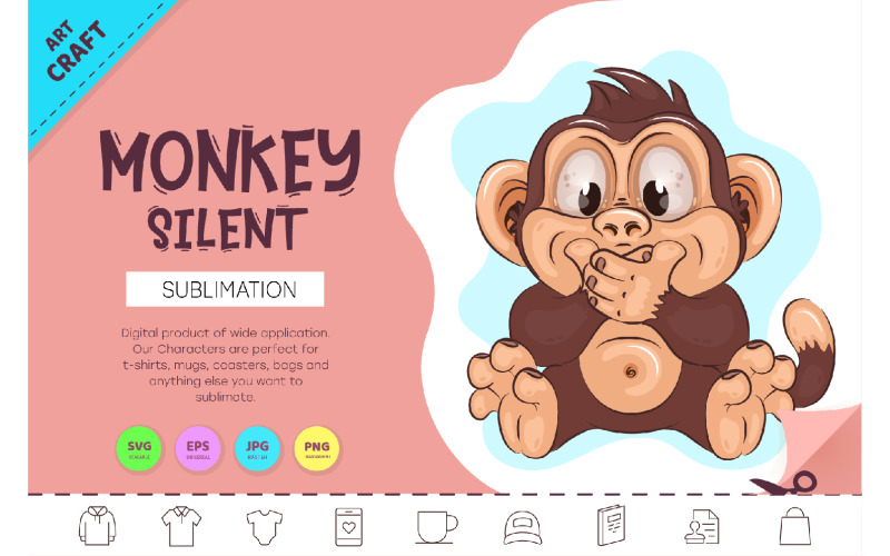 Cartoon Silent Monkey. Crafting, Sublimation. Vector Graphic