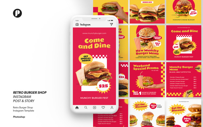 Bright Yellow Retro Burger Shop Instagram Template Social Media