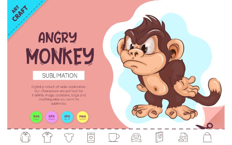 Cartoon Angry Monkey. Crafting, Sublimation. Vector Graphic
