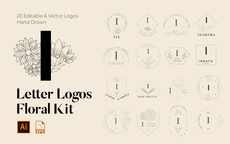 I Letter Floral Handmade Logos kit Logo Template