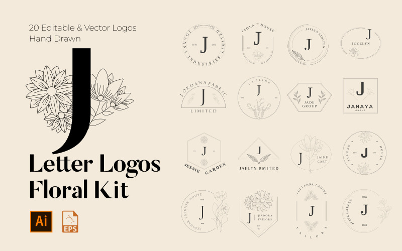 J Letter Floral Handmade Logos kit Logo Template
