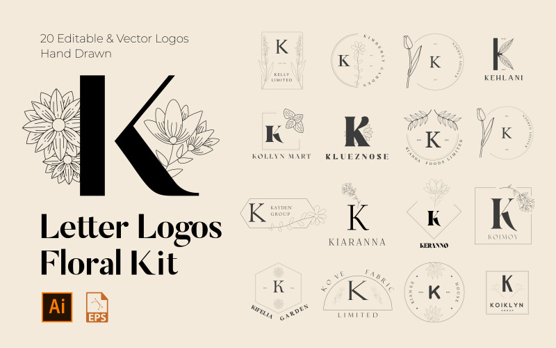 K Letter Floral Handmade Logos kit Logo Template