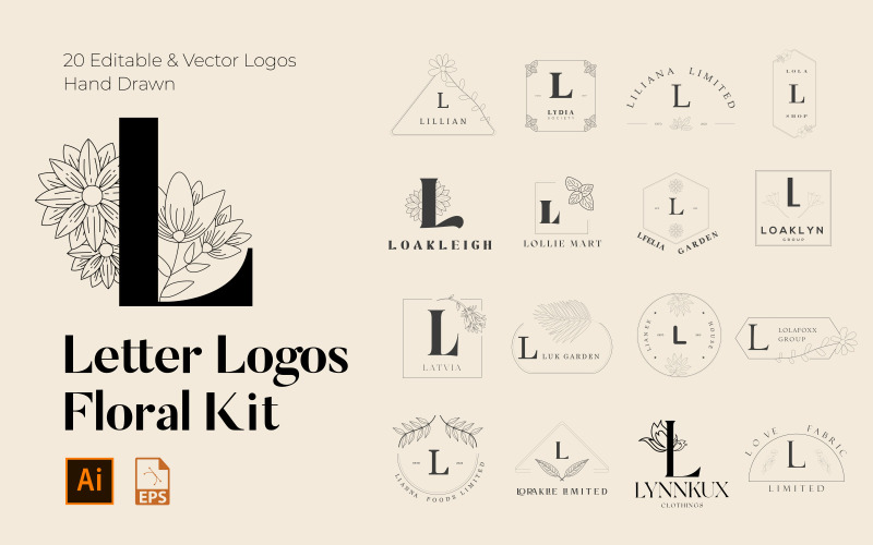 L Letter Floral Handmade Logos kit Logo Template