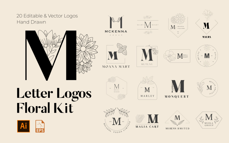 M Letter Floral Handmade Logos kit Logo Template