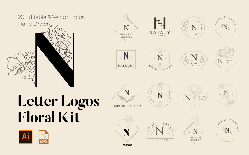 N Letter Floral Handmade Logos kit Logo Template
