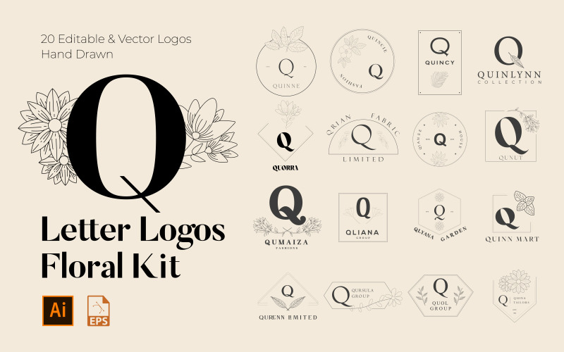 Q Letter Floral Handmade Logos kit Logo Template