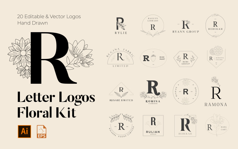 R Letter Floral Handmade Logos kit Logo Template