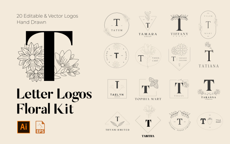 T Letter Floral Handmade Logos kit Logo Template