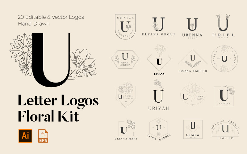 U Letter Floral Handmade Logos kit Logo Template