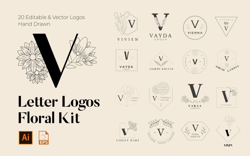 V Letter Floral Handmade Logos kit Logo Template