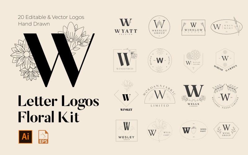 W Letter Floral Handmade Logos kit Logo Template