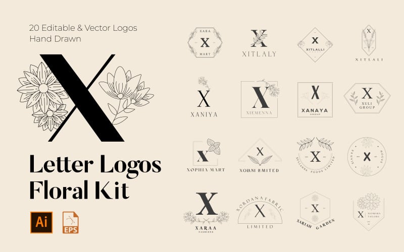 X Letter Floral Handmade Logos kit Logo Template