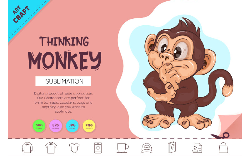 Cartoon Thinking Monkey. Crafting, Sublimation. Vector Graphic