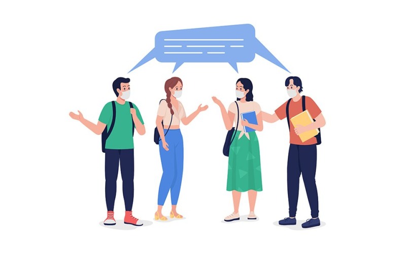 Young students chatting in masks vector character Illustration