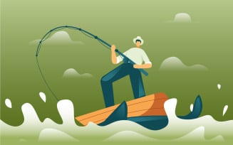 Fisherman Fishing On Boat Free Illustration Concept Vector