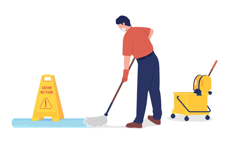 Janitor mopping floor flat color vector character Illustration