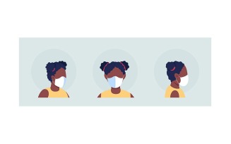African girl with mask semi flat color vector character avatar set