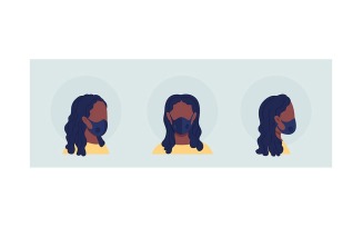 Black woman semi flat color vector character avatar with mask set