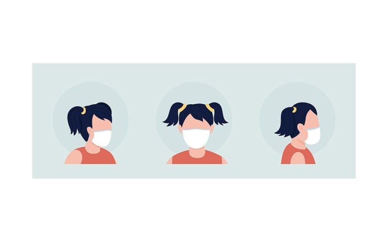 Girl with elastic mask semi flat color vector character avatar set Illustration