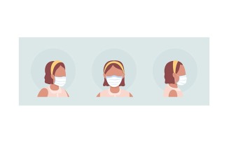 Latino girl semi flat color vector character avatar with mask set