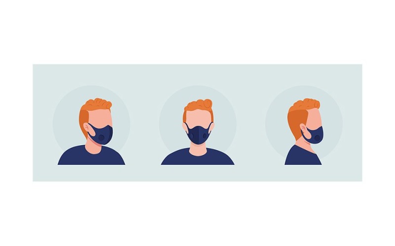 Red haired semi flat color vector character avatar with mask set Illustration