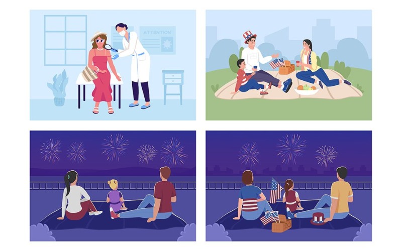 Family outdoor celebration and sun protection flat color vector illustration set Illustration