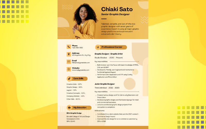 Yellow Creative Graphic Design Resume CV Curriculum Vitae Resume Template