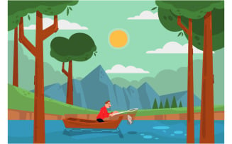 Mountains View with Fisherman Background Illustration