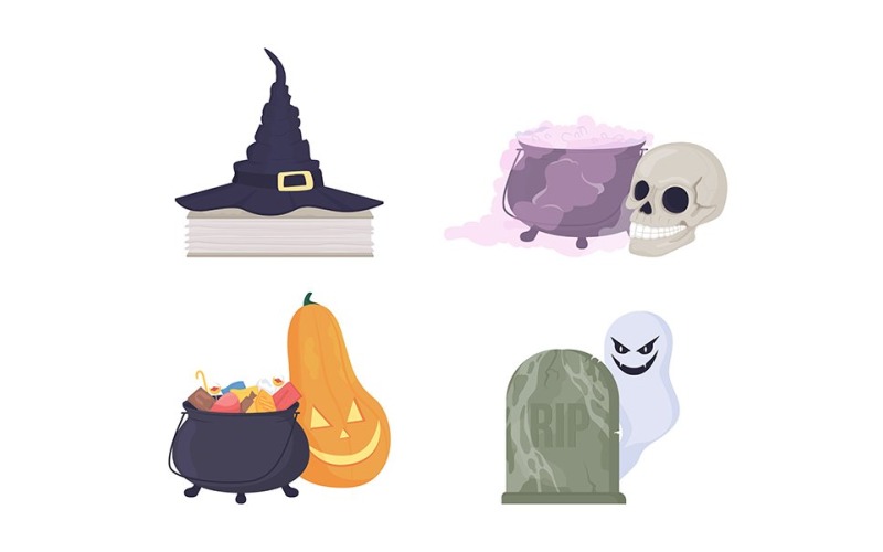 Spooky Halloween decorations semi flat color vector item set Illustration
