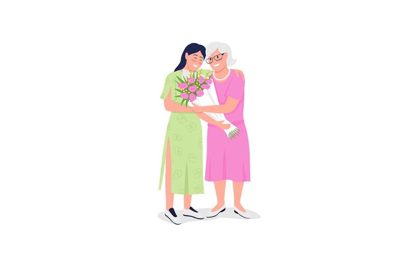 Happy elderly mother with adult daughter flat color vector detailed characters Illustration