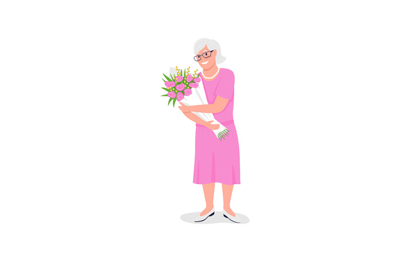 Happy senior caucasian woman with flowers flat color vector detailed character Illustration