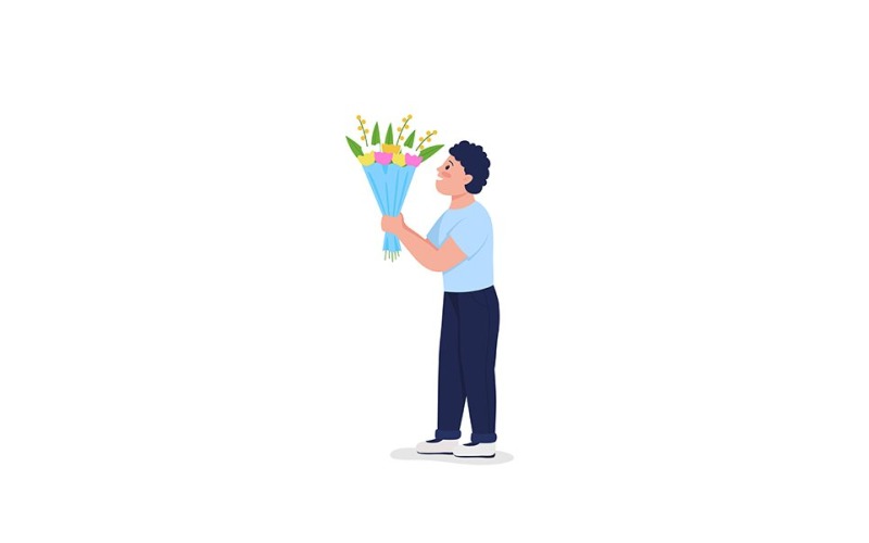 Son giving flowers flat color vector detailed character Illustration
