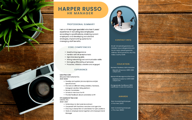 Blue Yellow Modern Professional Printable HR Manager Resume Template