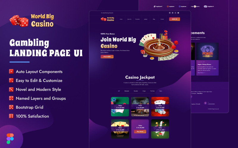 World Big Casino - New Gambling UI Figma Landing Template UI Element
