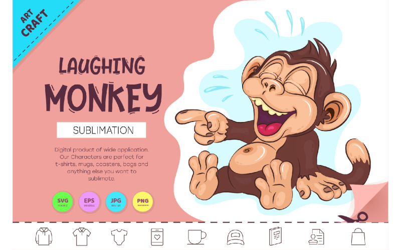 Cartoon Laughing Monkey. Crafting, Sublimation. Vector Graphic