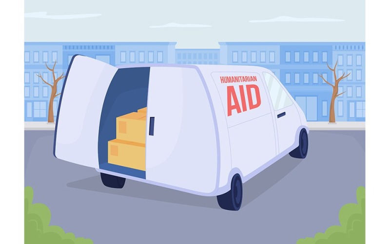 Delivering humanitarian aid to Ukraine flat color vector illustration Illustration