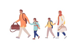 Family running away from bombing and shelling semi flat color vector characters