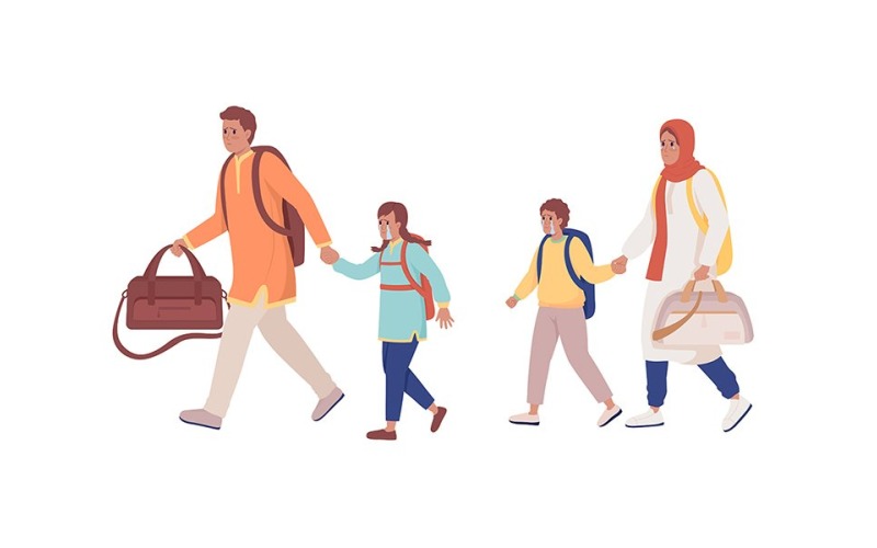 Family running away from bombing and shelling semi flat color vector characters Illustration