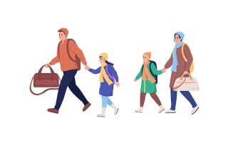 Family running away from war semi flat color vector characters