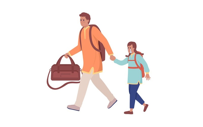 Father with girl running away from bombing semi flat color vector characters Illustration