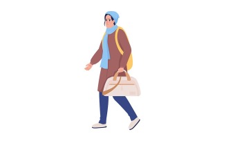Female refugee with bag running away from war semi flat color vector character