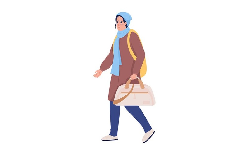 Female refugee with bag running away from war semi flat color vector character Illustration