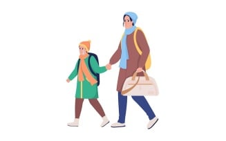 Mother with son running away from war semi flat color vector characters