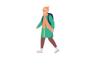 Refugee boy with backpack running away from war semi flat color vector character