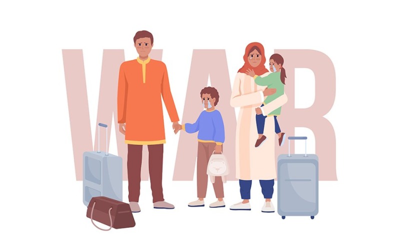 Refugee family 2D vector isolated illustration Illustration