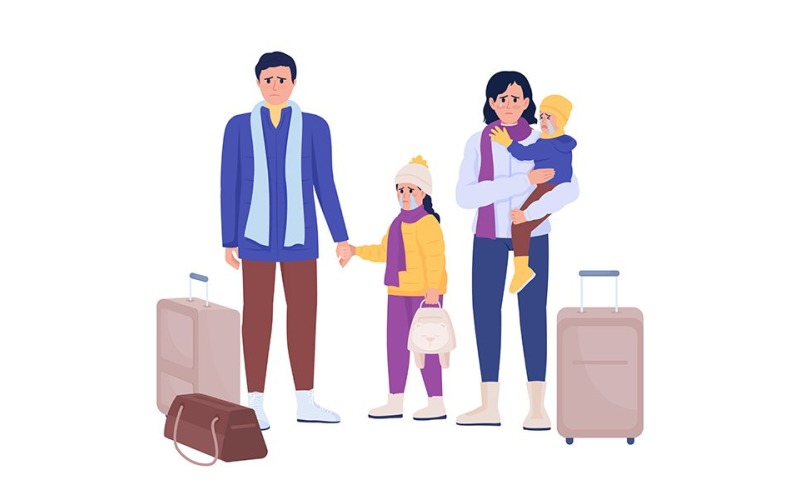 Family waiting for evacuation on train station semi flat color vector characters Illustration