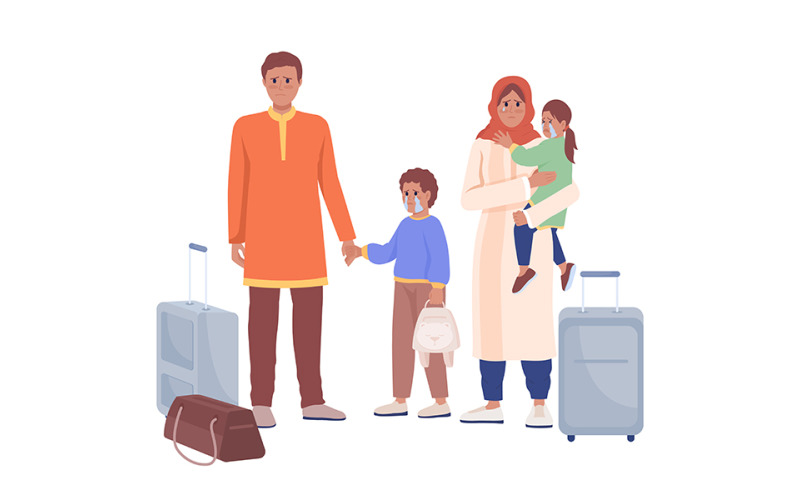 Fleeing family waiting for evacuation train semi flat color vector characters Illustration