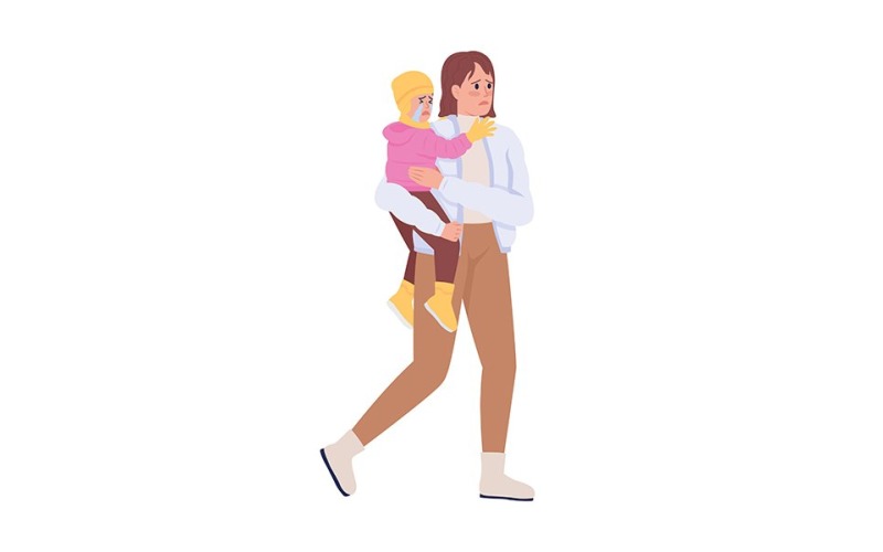 Mother with kid leaving home by war and persecution semi flat color vector characters Illustration