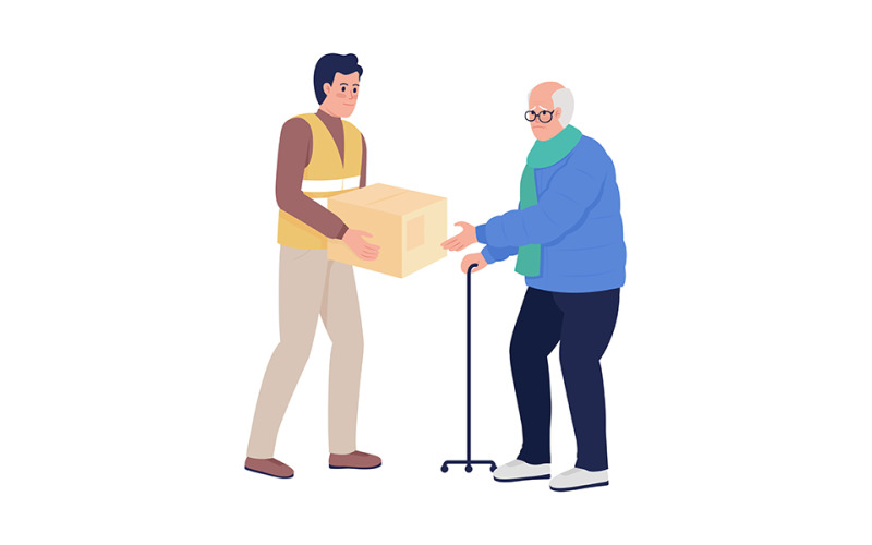 Old man getting humanitarian aid from volunteer semi flat color vector characters Illustration