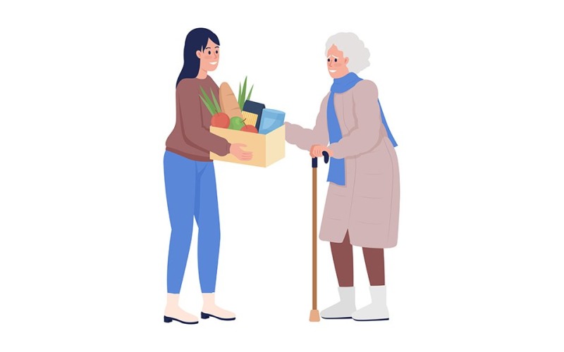 Old woman expressing thankfulness to volunteer semi flat color vector characters Illustration